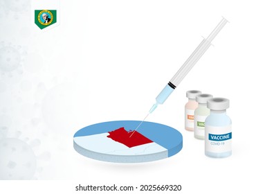 Vaccination in Washington with different type of COVID-19 vaccine. Сoncept with the vaccine injection in the map of Washington. Vector illustration.