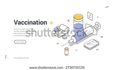 Vaccination web banner. Isometric template for a medical landing page. Vector illustration with syringe and vaccine for a modern healthcare or immunization campaign design