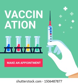 Vaccination web banner. Syringe in doctor hand, test tube vaccines and button on green background. Flat stylr vector illustration.