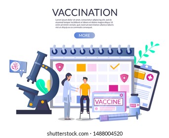 Vaccination web banner template, vector illustration. Huge calendar, microscope, vaccine, syringe and tiny characters doctor, patient. Medicine and health care concept for web banner, website page etc