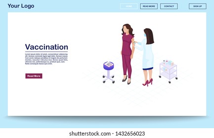 Vaccination webpage vector template with isometric illustration. Physician giving injection to patient. Woman and doctor, therapist, nurse. Website interface design. Webpage, mobile app 3d concept