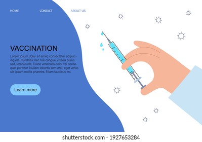 Vaccination website concept. Information and contacts. Injection against coronavirus, flu, other viruses, infections or diseases. Syringe with medicine. Flat vector illustration for clinic or hospital