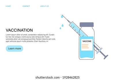 Vaccination website concept. Information and contacts. Injection against coronavirus, flu, other viruses, infections or diseases. Syringe with medicine. Flat vector illustration for clinic or hospital