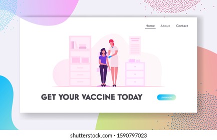 Vaccination Website Landing Page. Doctor Injecting Vaccine to Patient. Woman Sitting in Medical Cabinet for Applying Drug against Viruses and Disease Web Page Banner. Cartoon Flat Vector Illustration