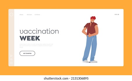Vaccination Week Landing Page Template. Young People Health Care Concept. Vaccinated Positive Male Character with Patch on Shoulder Show Thumb Up. Persons Immunization. Cartoon Vector Illustration