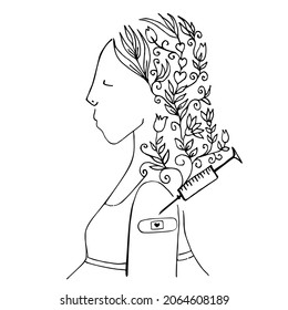 Vaccination. Woman with medical patch and syringe with vaccine, immunity, health and beautiful life like blooming flowers. Vaccination of people is safe and important for disease prevention.