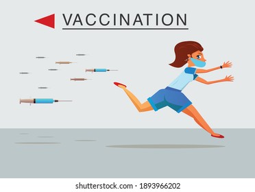 Vaccination. A woman runs away from the syringes with the vaccine flying after him. Vector illustration.