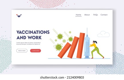 Vaccination and Work Landing Page Template. Woman Trying to Stop Collapsing Fall Down Bar Graph From Covid Pathogen Cells and Vaccine Syringe. Coronavirus Outbreak. Cartoon People Vector Illustration