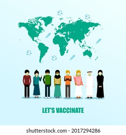 vaccination in the world with various ethnicities flat vector illustration, additional image include layer by layer and group object