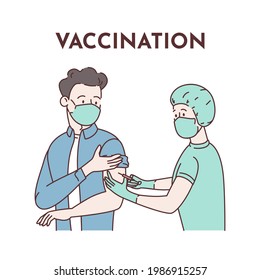 Vaccination. A young man in mask receives an injection of the vaccine in his hand. The nurse gives an injection. Vaccination protection for the population. Flat modern cartoon vector illustration. 