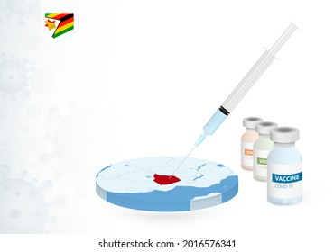 Vaccination in Zimbabwe with different type of COVID-19 vaccine. Сoncept with the vaccine injection in the map of Zimbabwe. Vector illustration.