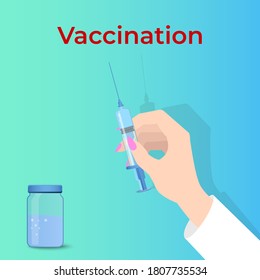 Vaccination.Hand of a doctor with a syringe doing vaccination.Concept of treatment and prevention of viral infections.Flat vector illustration.