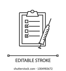 Vaccinations list linear icon. Thin line illustration. Routine medical shots. Patient's immunization schedule. Vaccines checklist. Contour symbol. Vector isolated outline drawing. Editable stroke