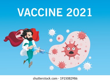 Vaccine 2021Doctor run with syringe. vaccination against virus, needle and drug, vector illustration Free Vector
