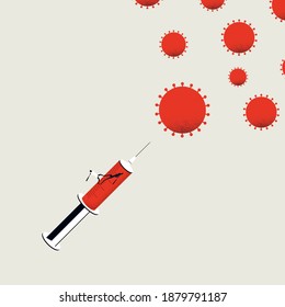 Vaccine against corona virus to prevent covid-19, vector concept. Doctor, scientist with syringe hitting virus with baseball hat. Medical symbol.