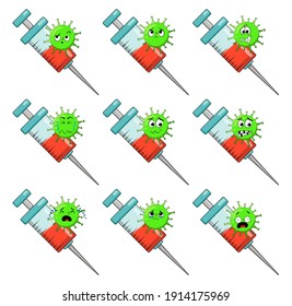 Vaccine against coronavirus concept. Virus character and syringe. Vector illustration isolated on white background.