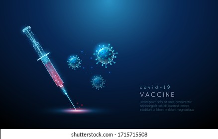 Vaccine against coronavirus covid-19. Low poly style design. Abstract geometric background. Wireframe light connection structure. Modern  blue 3d graphic concept. Isolated vector illustration.