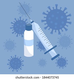 Vaccine against coronavirus infection. Syringe with a vaccine. Medicinal product. Vector illustration