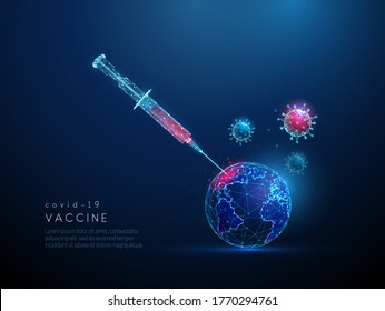 Vaccine against  covid-19 and planet Earth Low poly style design Abstract geometric background Wireframe light connection structure Modern blue 3d graphic concept Isolated vector illustration