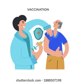 Vaccine against COVID-19 virus. Prevention injection, immunization. Coronavirus infection treatment. The doctor gives an injection against the disease to an elderly person.