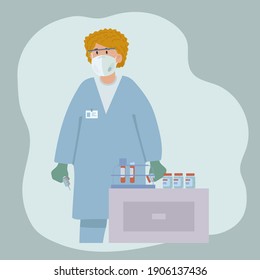A vaccine against the virus. Covid-19. Portrait of a doctor with a vaccine and a syringe. Healthcare, coronavirus, and immunization. Vector illustration