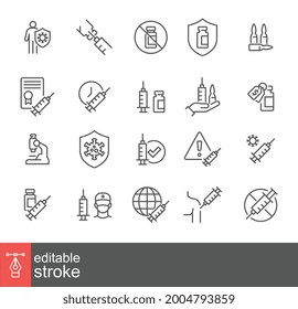 Vaccine against Virus Icon Set. Coronavirus Vaccination in Shoulder time, Medical syringe, immunization bottle, suction, Needle, Vial, shot injection. Editable stroke Vector illustration design EPS 10