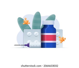 Vaccine against the virus. Illustration with medicines, syringe and viruses on a white background.