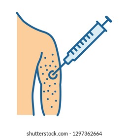 Vaccine allergy color icon. Vaccination injection. Syringe in arm. Drug injecting. Skin rash, irritation. Isolated vector illustration