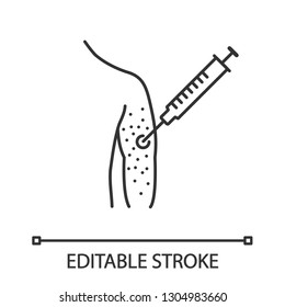 Vaccine Allergy Linear Icon. Thin Line Illustration. Vaccination Injection. Syringe In Arm. Drug Injecting. Skin Rash, Irritation. Contour Symbol. Vector Isolated Outline Drawing. Editable Stroke