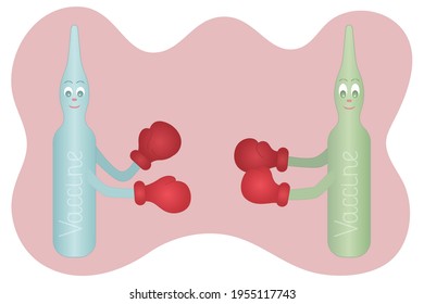 Vaccine ampoule. Duel of coronavirus vaccines. Two glass vials of medicine. Colored vector illustration. Boxing match. Difficult choice. Vaccines put on boxing gloves and wrestle. Isolated background.