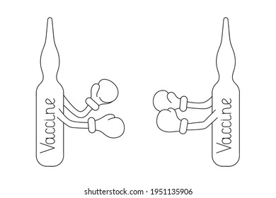 Vaccine ampoule. Hard choise. Two glass vials of medicine. Sketch. Vector illustration. Boxing match. Vaccines put on boxing gloves and wrestle. Duel of coronavirus vaccines. Coloring book. Medical.
