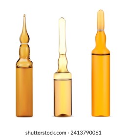 Vaccine ampoule mockup. Cosmetic serum glass ampule vector illustration. Brown vial of liquid treatment injection dose, prevention immunization therapy. Medicine drug bottle mock-up