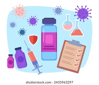 Vaccine ampoule vector illustration with checklist, syringe, glass flasks and virus on background. Effective vaccine from Covid-19, safety, vaccination concept