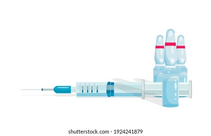 Vaccine ampoules. Syringe injection. Glass medical vial with liquid. Ampoule with vaccine.