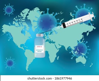 Vaccine ampule with world background and viruses, vector illustration