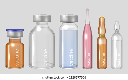 Vaccine ampules. Medical liquid drugs pharmaceutical injection in transparent glass ampules decent vector realistic illustrations