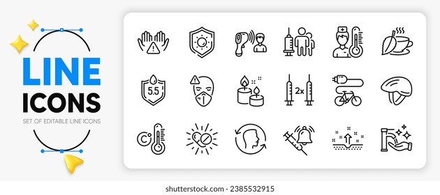 Vaccine announcement, Bicycle helmet and Aroma candle line icons set for app include Face id, Electronic thermometer, Medical mask outline thin icon. Clean hands, Ph neutral. Vector