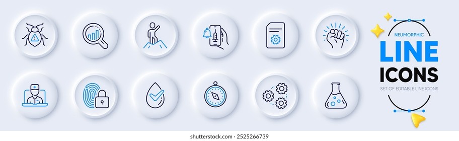 Vaccine announcement, File settings and Empower line icons for web app. Pack of Lock, Travel compass, Dermatologically tested pictogram icons. Chemistry lab, Seo analysis, Gears signs. Vector