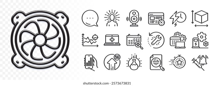 Vaccine announcement, Medical help and Timer line icons for web app. Glare of light effect. Message icon. Pack of Web timer, 5g upload, Box size pictogram icons. Vector