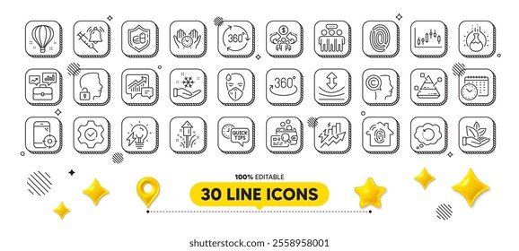 Vaccine announcement, Safe time and Writer line icons pack. 3d design elements. Resilience, 360 degree, Fingerprint web icon. Chemistry experiment, Organic product, Execute pictogram. Vector