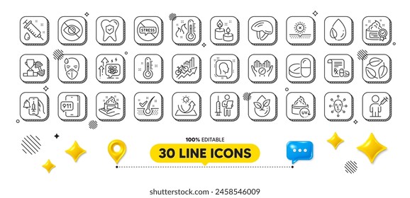 Vaccine announcement, Stress grows and Head line icons pack. 3d design elements. Dumbbell, High thermometer, Sun protection web icon. Bicycle helmet, Emergency call, Medical drugs pictogram. Vector
