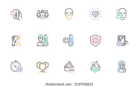 Vaccine announcement, Uv protection and Medical mask line icons for website, printing. Collection of Prescription drugs, Electronic thermometer, Shields icons. Vaccination. Vector