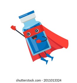 Сartoon vaccine or antivirus in superhero costume. Health care, vaccination, covid pandemic. Cute flying vaccine bottle in super hero cloak and mask. Vector illustration.