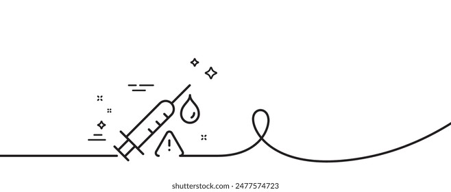 Vaccine attention line icon. Continuous one line with curl. Vaccination syringe warning sign. Jab symbol. Vaccine attention single outline ribbon. Loop curve pattern. Vector