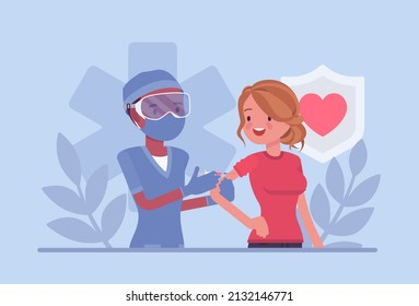 Vaccine or booster shot, clinic vaccination, doctor doing medical injection. Medicine service care, research and illness prevention. Vector flat style creative illustration, health, healthcare concept