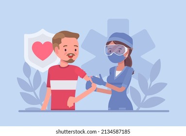 Vaccine or booster shot, clinic vaccination, doctor doing medical injection. Medicine service care, research and illness prevention. Vector flat style creative illustration, health, healthcare concept