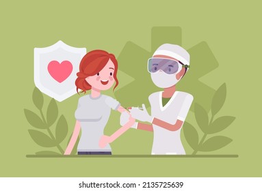 Vaccine or booster shot, clinic vaccination, doctor doing medical injection. Medicine service care, research and illness prevention. Vector flat style creative illustration, health, healthcare concept