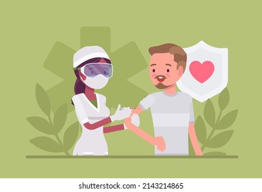 Vaccine or booster shot, clinic vaccination, doctor doing medical injection. Medicine service care, research and illness prevention. Vector flat style creative illustration, health, healthcare concept