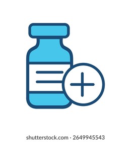 Ícone do frasco da vacina, frasco do medicamento com sinal de mais, dose de vacinação, injeção médica vetor plano símbolo