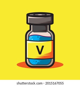 vaccine bottle illustration with v logo